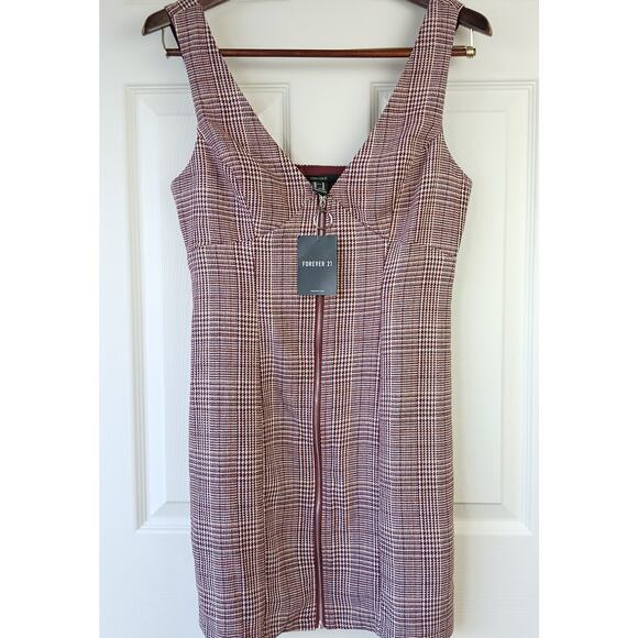 Forever 21 zip-up jumper bodycon dress M woven burgundy cream houndstooth tweed - Picture 1 of 10